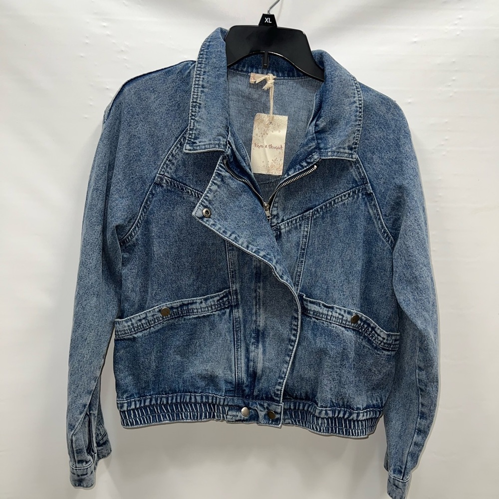 Hem & Thread Jacket Women’s Large Blue Cotton Denim Full Zip Snap Pockets